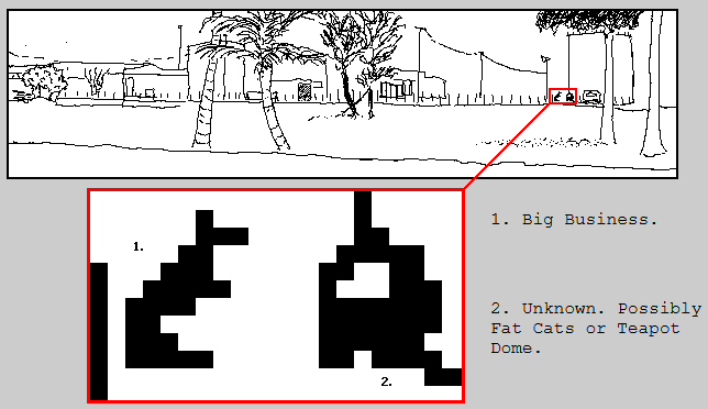 distant figures in suburban tropical scene are footnoted as, 1, big business and 2, unknown, possibly fatcats or Teapot Dome.