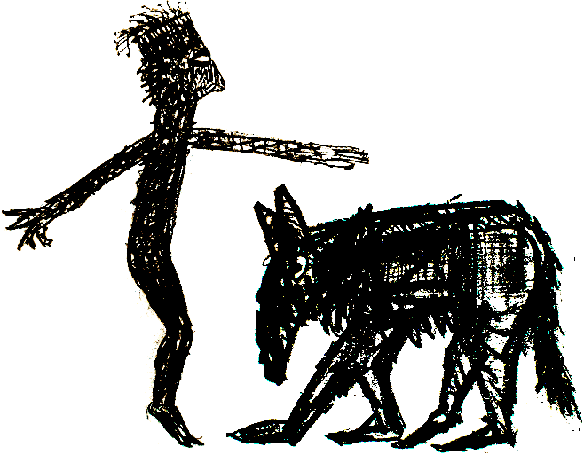 humanoid with birdlike beak holding and over angry looking quadruped with Aardvark-like features