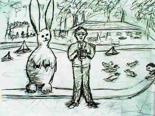 human sized Bunny looks over shoulder of man doing something with hands, both in front of pond filled with model sailboats and ducks