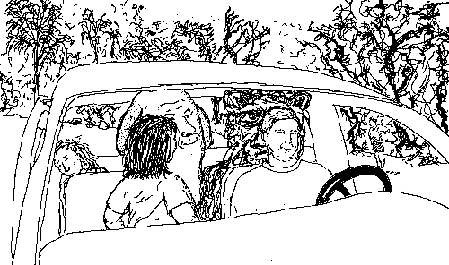 man andwoman in front seatof car, girl and 2 strange creatures in backseat