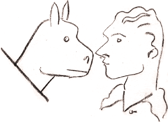 animal and man looking at each other drawn by peter jaquez