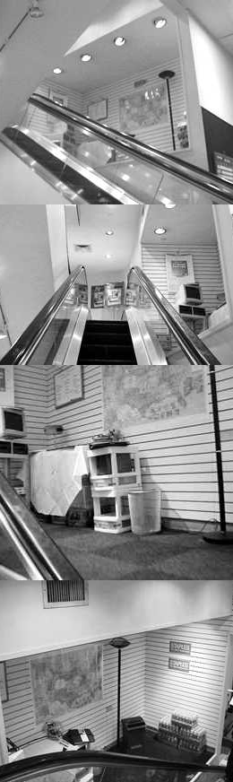 photographs from 4 different angles of an odd little mezzanine halfway up the escalator at the upper Eastside Staples