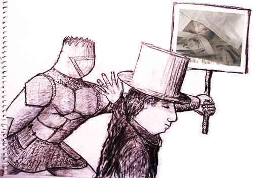 man in top hat pushes away knight in armor holding sign with a picture of cat playing under newspapers