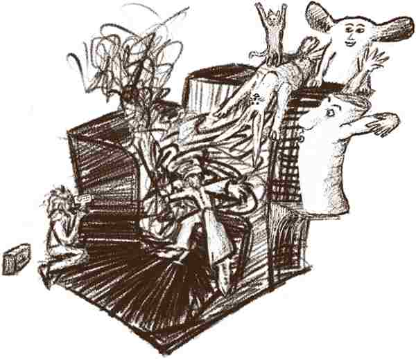 cat, man, anthropomorphized rabbit and scroll, and ambiguous creature with large ears posing on a structure for someone using video camera