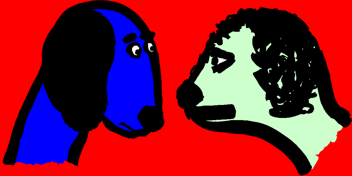 2 cartoon dog heads looking at each other